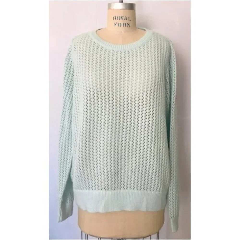 LOFT AQUA BLUE POINTELLE KNIT LONG SLEEVE SWEATER XL NWT